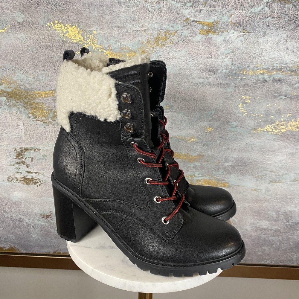 Nine West Boots Womens Size 9.5 Black Faux Leather Fur Lined Combat Heel Ankle - Picture 2 of 10